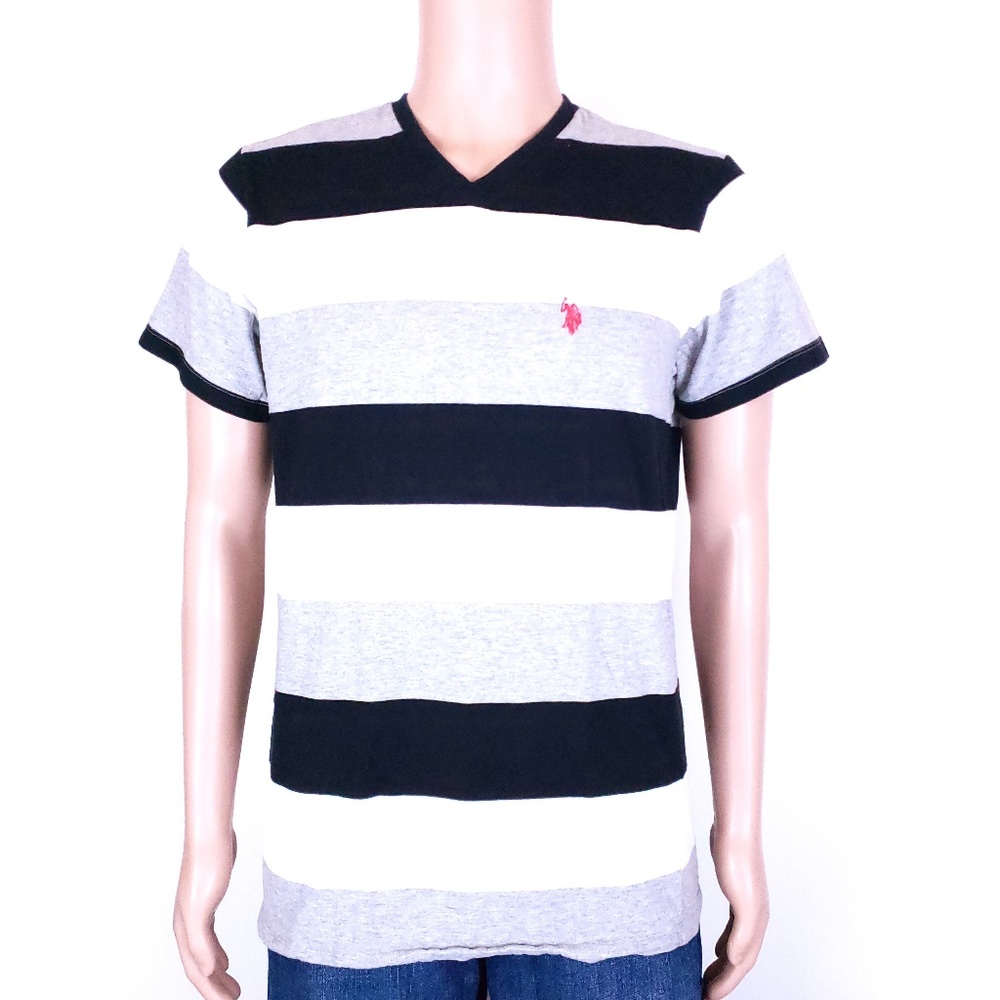 U.S. Polo ASSN Men Striped T-shirt V-neck Black White Grey Size L